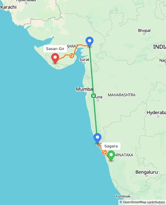Route map showing distance and travel time from Sagara, India to Sasan Gir, India