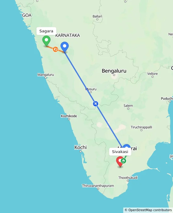 Route map showing distance and travel time from Sagara, India to Sivakasi, India