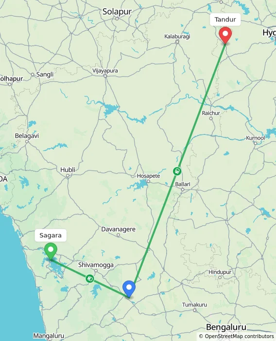 Route map showing distance and travel time from Sagara, India to Tandur, India