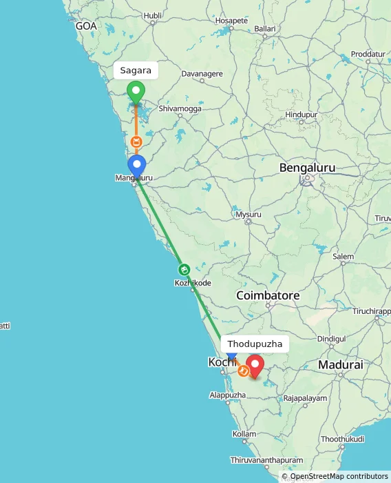 Route map showing distance and travel time from Sagara, India to Thodupuzha, India