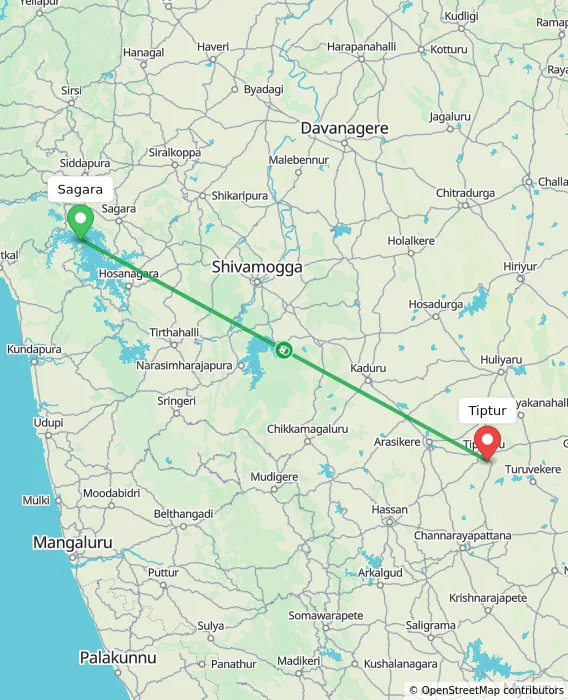 Route map showing distance and travel time from Sagara, India to Tiptur, India
