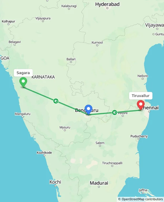 Route map showing distance and travel time from Sagara, India to Tiruvallur, India