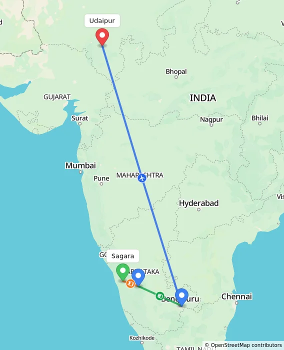 Route map showing distance and travel time from Sagara, India to Udaipur, India