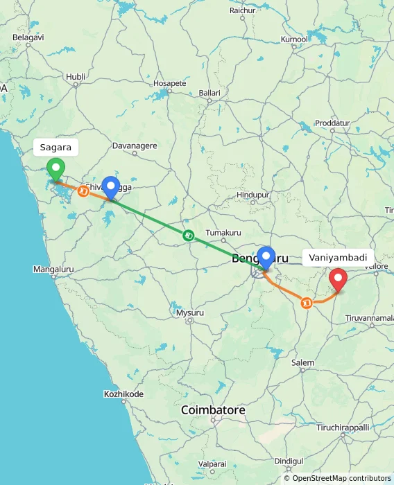 Route map showing distance and travel time from Sagara, India to Vaniyambadi, India