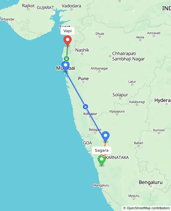 Route map showing distance and travel time from Sagara, India to Vapi, India