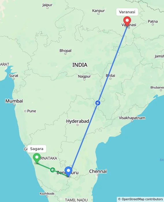 Route map showing distance and travel time from Sagara, India to Varanasi, India