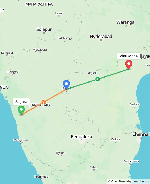 Route map showing distance and travel time from Sagara, India to Vinukonda, India