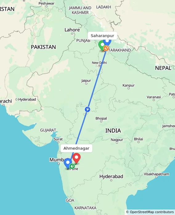 Route map showing distance and travel time from Saharanpur, India to Ahmednagar, India