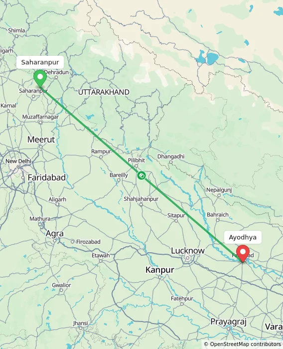 Route map showing distance and travel time from Saharanpur, India to Ayodhya, India