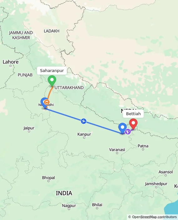 Route map showing distance and travel time from Saharanpur, India to Bettiah, India