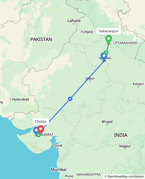 Route map showing distance and travel time from Saharanpur, India to Chotila, India