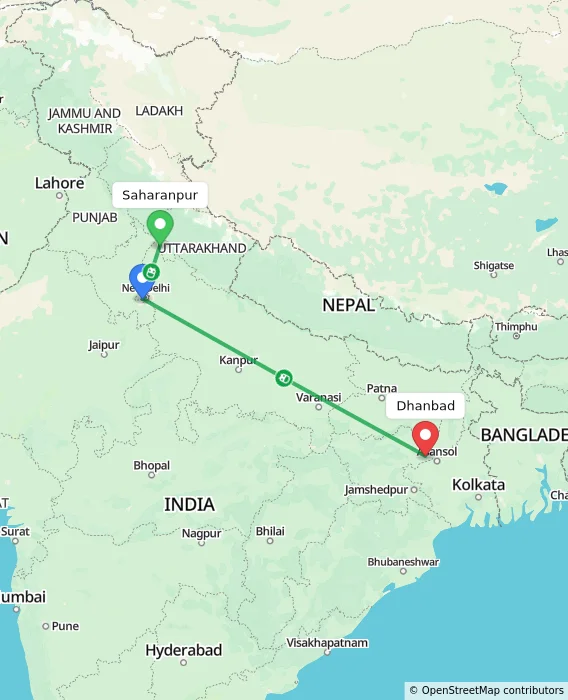 Route map showing distance and travel time from Saharanpur, India to Dhanbad, India