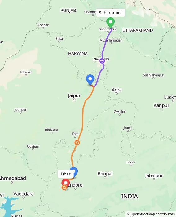 Route map showing distance and travel time from Saharanpur, India to Dhar, India