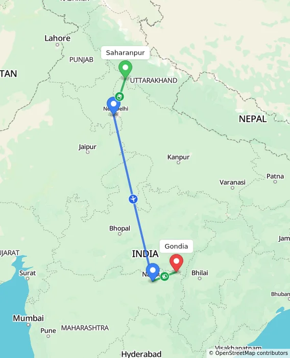 Route map showing distance and travel time from Saharanpur, India to Gondia, India