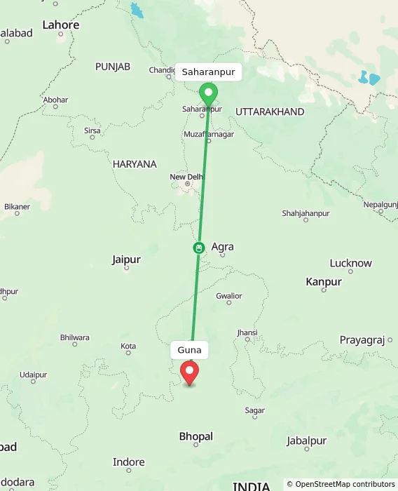 Route map showing distance and travel time from Saharanpur, India to Guna, India
