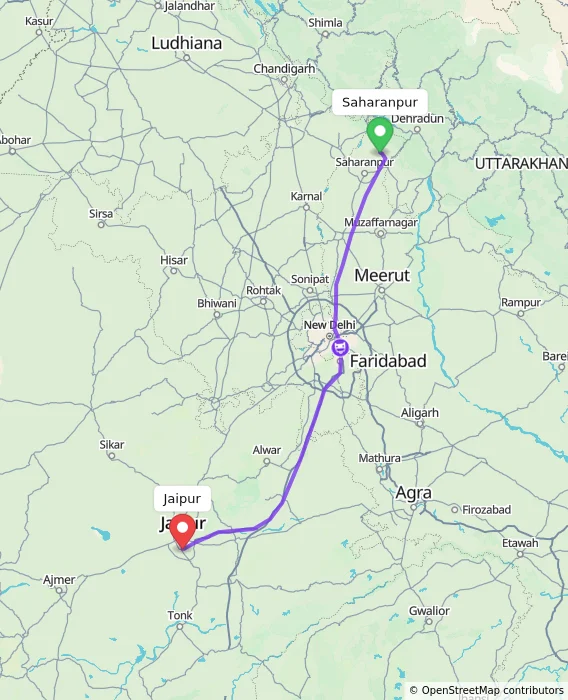 Route map showing distance and travel time from Saharanpur, India to Jaipur, India