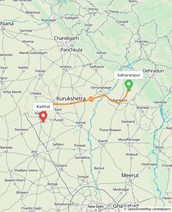 Route map showing distance and travel time from Saharanpur, India to Kaithal, India