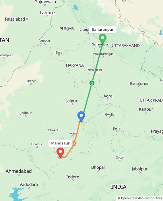 Route map showing distance and travel time from Saharanpur, India to Mandsaur, India