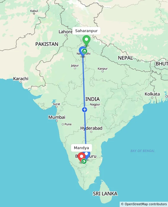 Route map showing distance and travel time from Saharanpur, India to Mandya, India