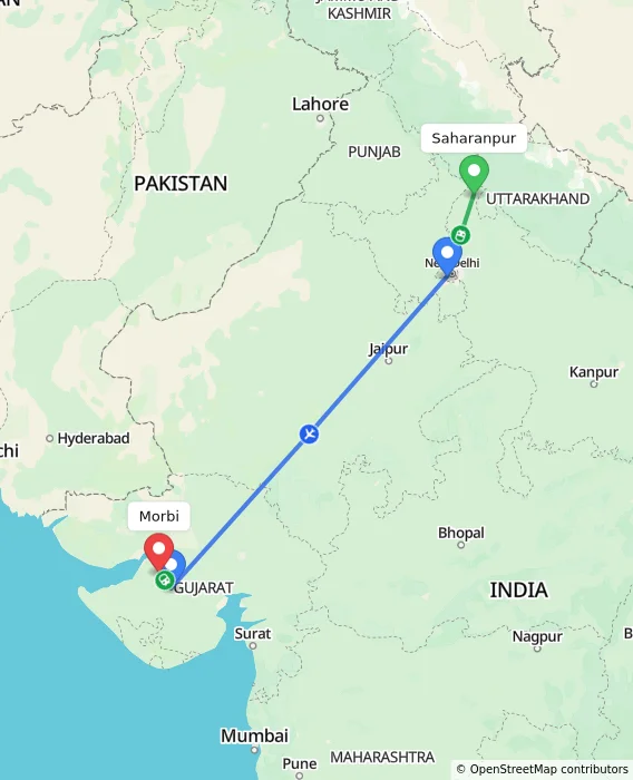 Route map showing distance and travel time from Saharanpur, India to Morbi, India
