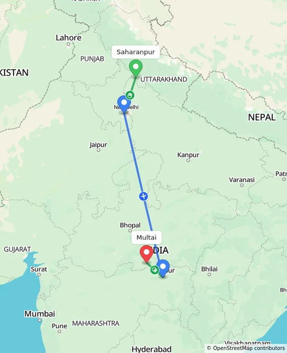 Route map showing distance and travel time from Saharanpur, India to Multai, India