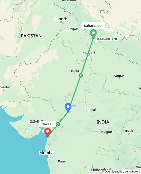 Route map showing distance and travel time from Saharanpur, India to Navsari, India