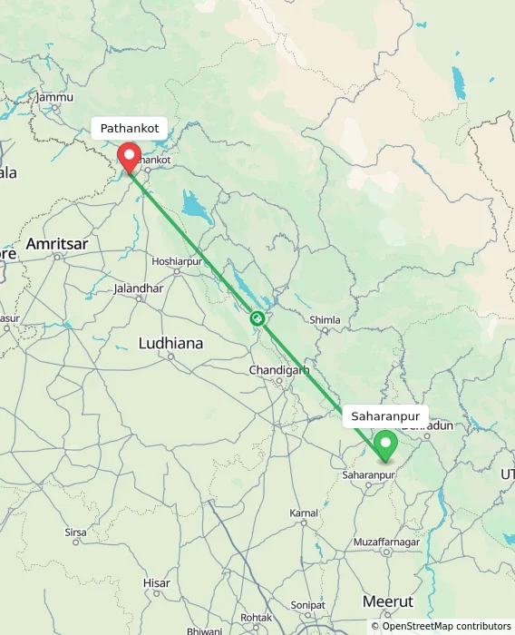 Route map showing distance and travel time from Saharanpur, India to Pathankot, India
