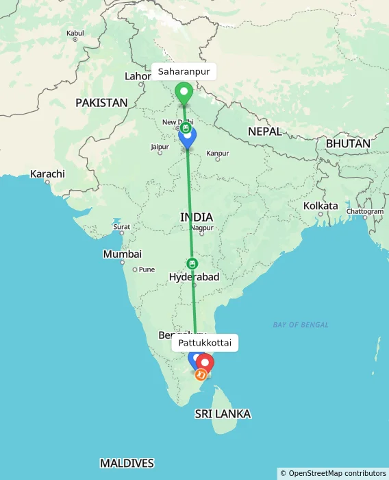 Route map showing distance and travel time from Saharanpur, India to Pattukkottai, India