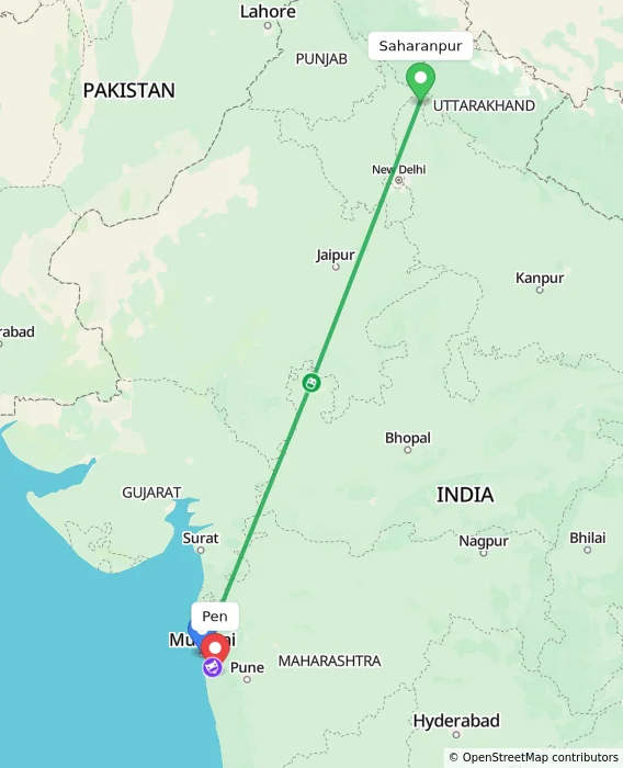 Route map showing distance and travel time from Saharanpur, India to Pen, India