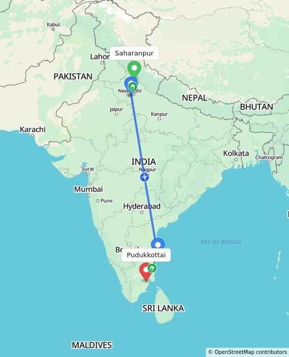 Route map showing distance and travel time from Saharanpur, India to Pudukkottai, India