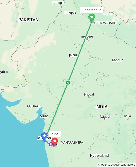 Route map showing distance and travel time from Saharanpur, India to Pune, India