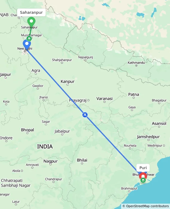 Route map showing distance and travel time from Saharanpur, India to Puri, India
