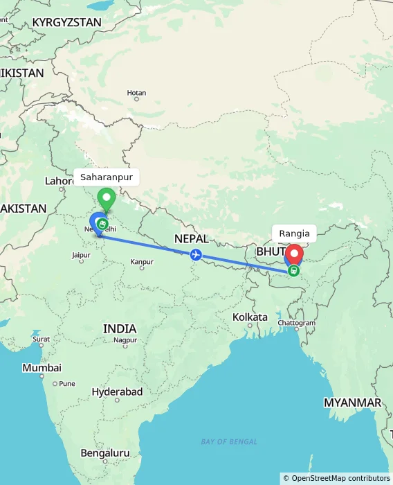 Route map showing distance and travel time from Saharanpur, India to Rangia, India
