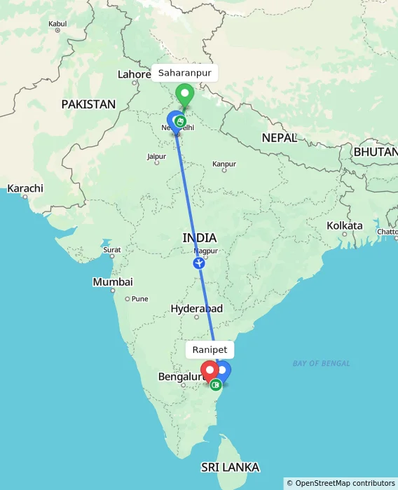 Route map showing distance and travel time from Saharanpur, India to Ranipet, India