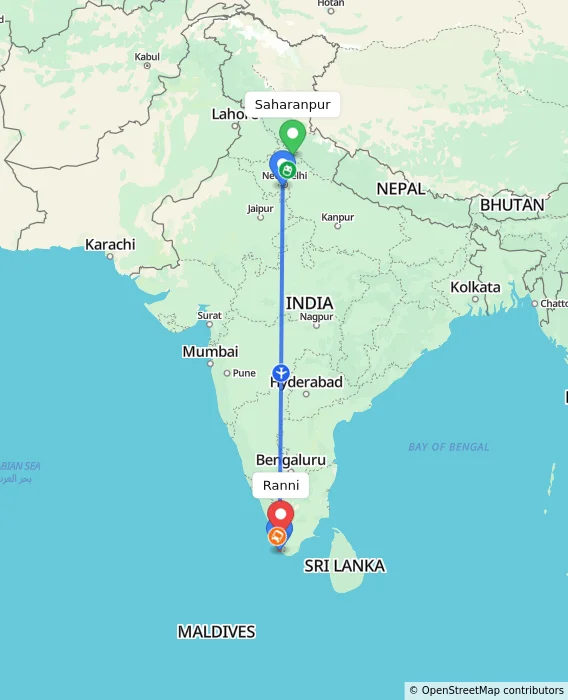 Route map showing distance and travel time from Saharanpur, India to Ranni, India