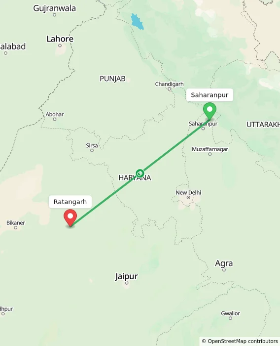 Route map showing distance and travel time from Saharanpur, India to Ratangarh, India
