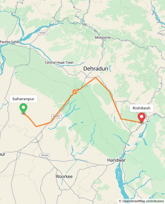 Route map showing distance and travel time from Saharanpur, India to Rishikesh, India