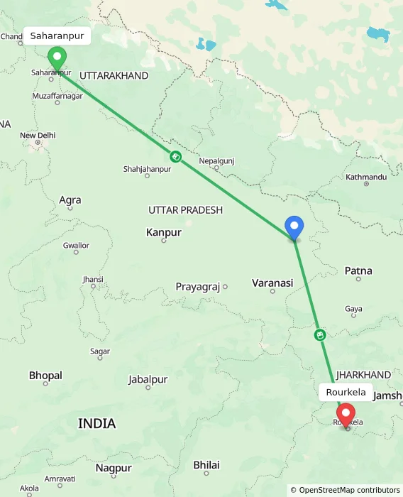 Route map showing distance and travel time from Saharanpur, India to Rourkela, India