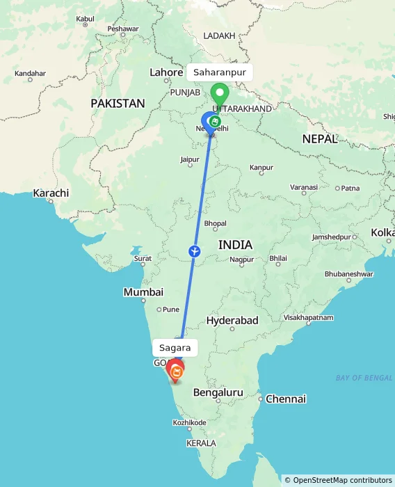 Route map showing distance and travel time from Saharanpur, India to Sagara, India