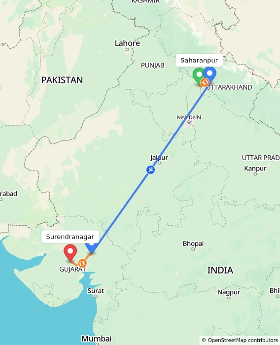 Route map showing distance and travel time from Saharanpur, India to Surendranagar, India