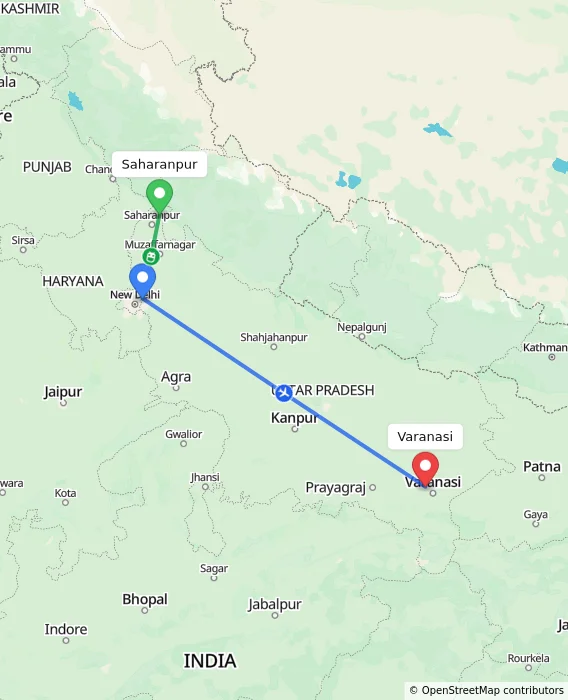 Route map showing distance and travel time from Saharanpur, India to Varanasi, India