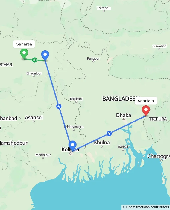 Route map showing distance and travel time from Saharsa, India to Agartala, India