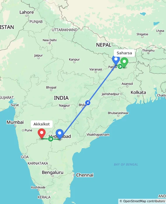 Route map showing distance and travel time from Saharsa, India to Akkalkot, India