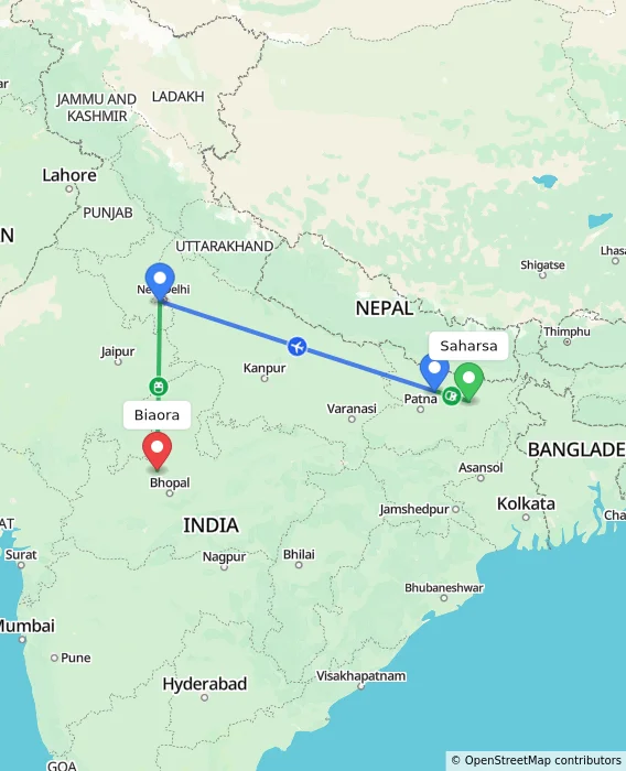 Route map showing distance and travel time from Saharsa, India to Biaora, India