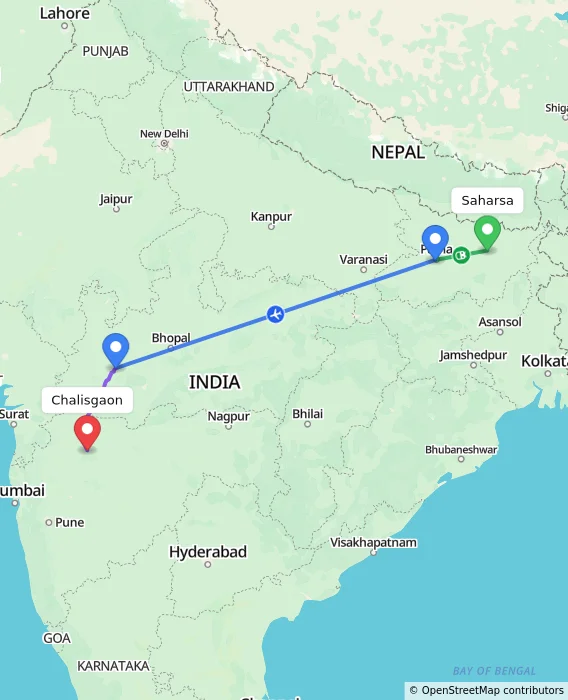 Route map showing distance and travel time from Saharsa, India to Chalisgaon, India