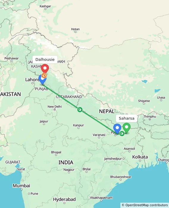 Route map showing distance and travel time from Saharsa, India to Dalhousie, India
