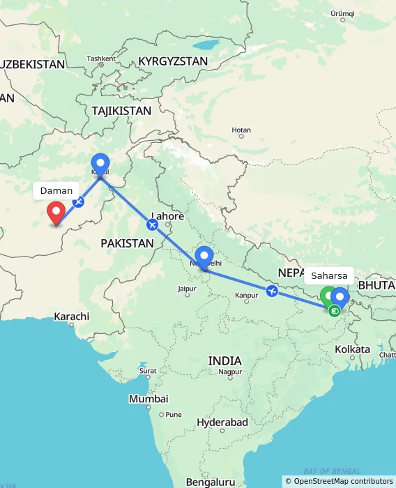 Route map showing distance and travel time from Saharsa, India to Daman, Afghanistan