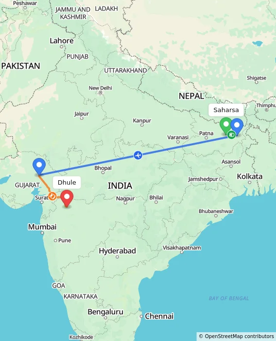 Route map showing distance and travel time from Saharsa, India to Dhule, India