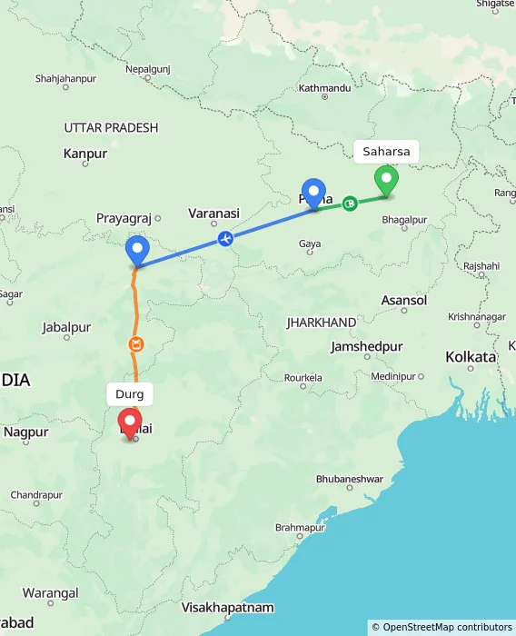 Route map showing distance and travel time from Saharsa, India to Durg, India