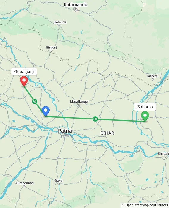 Route map showing distance and travel time from Saharsa, India to Gopalganj, India